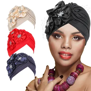 Women's Pleated Turban Cap With 3D Satin Flower Rhinestone Mesh Veil Hijab Headwrap For Wedding Party Elegant Fashion Headwear