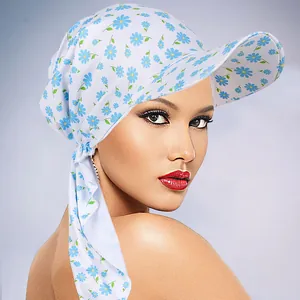 Detail of white sun hat scarf with light blue floral print and decorative side ribbons