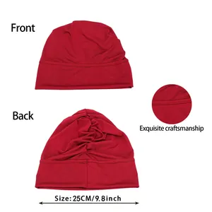 Deep red elastic Muslim milk silk turban hat with back pleats and smooth stitching