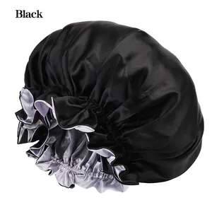 Extra large double layer black satin bonnet with elastic wide band and silky texture