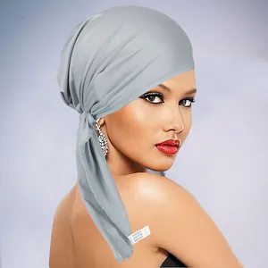 Breathable light grey turban for women with side ribbon tie made of soft polyester