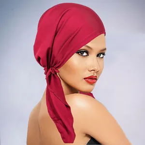 Deep red satin turban cap with side tie detail for women, breathable and stylish design