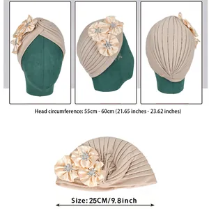 Ethnic turban cap with 3D floral decorations and sparkling rhinestone accents