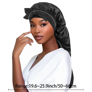 Black satin sleep cap for long hair with bow, fits head sizes 19.6-26.0 inches