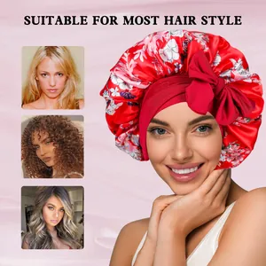 Floral print satin sleep bonnet with wide headband and large bow for hair protection