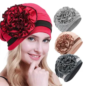 Women's Elastic Polyester Turban Hat With Large 3D Side Flower Decoration Fashion Muslim Headwrap For Daily Party Head Accessory