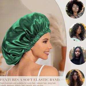 Deep green satin bonnet with elastic band for hair protection and frizz prevention