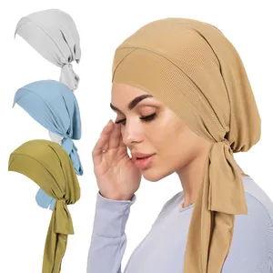 Women Ribbed Turban Hat Cross Front Long Tail Tie Headwrap Polyester Elastic Hijab Cap For Daily Wear Muslim Fashion