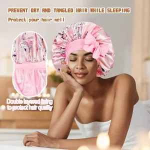 Pink floral satin bonnet with double lining and elastic bow band for hair protection