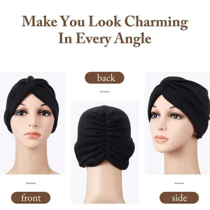 Front, side and back views of a black criss-cross turban hat with elastic pleated design