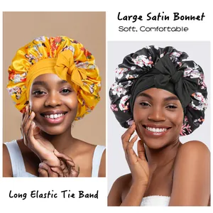 Double-layer satin sleep bonnet with long elastic tie bands in yellow and floral patterns