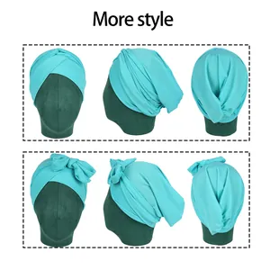 Turquoise elastic ribbed turban headwrap with front cross and long tail for women