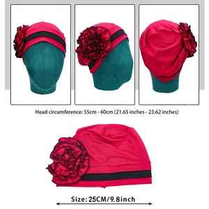 Red turban hat with side flower for women shown in front, side, and back views