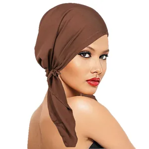 Breathable dark brown turban hat for women with tie-back knot detail in soft knit fabric