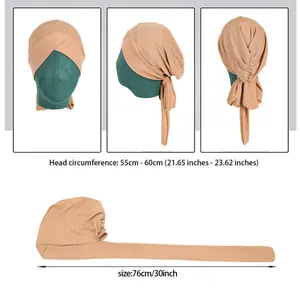 Elastic ribbed turban with criss-cross front and long ties for 55-60cm head size