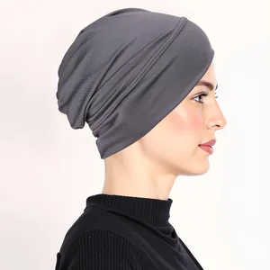 Close-up of dark grey elastic turban cap showing soft knit fabric and neat stitching