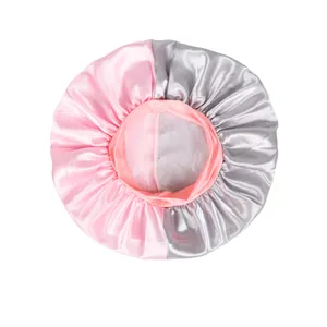 Pink and silver satin sleep bonnet with wide elastic band for hair protection
