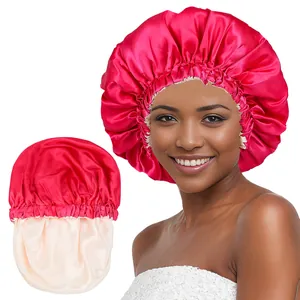 Detail of double-layered satin hair bonnet showing the elastic edge and soft silk texture