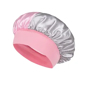 Pink and silver satin sleep bonnet with wide elastic band for hair care protection