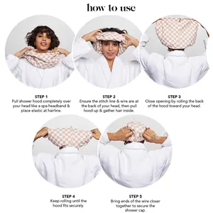 Three-layer waterproof pink checkered shower cap showing how to use with five easy steps