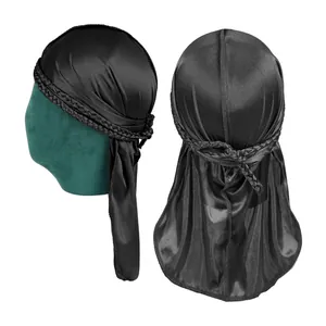 Black silky durag with braided band design for hair protection and styling