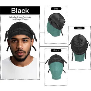 Black silk satin durag with braided design showing front side and back views for hair waves