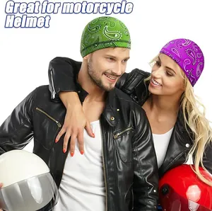 Breathable paisley skull caps in green and purple for motorcycle helmet lining