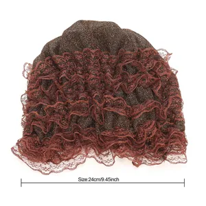Bonnet en dentelle scintillante marron foncé avec volants bordeaux pour femmes, largeur 24cm