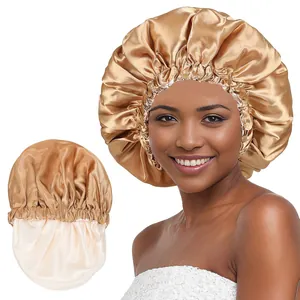 Double-layered satin sleep bonnet with champagne gold finish and elastic band for hair care
