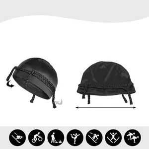 Elastic black sports beanie for men featuring braided drawstring and detailed size guide