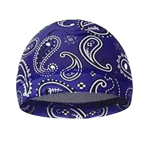 Detail of navy paisley sports cap showing elastic fabric and fine white pattern prints