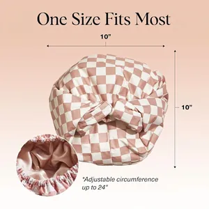 Three-layer waterproof checkered shower cap with faux silk lining and adjustable size
