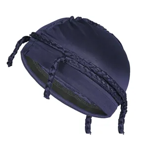 Detail of dark blue satin fabric texture and braided cords on the elastic head wrap cap
