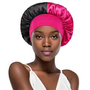 Close-up of wide elastic band and dual-tone satin fabric on the sleep bonnet
