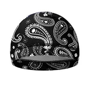 Close-up of black paisley pattern skull cap with high elastic fabric and reinforced seams