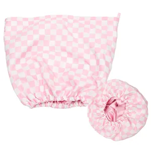 Pink checkered waterproof shower cap with soft satin lining and elastic hair band