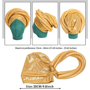 Golden laser sponge turban for women with African gele style and metallic wrap design