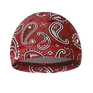 Detail of dark red paisley print elastic skull cap with white patterns for outdoor sports