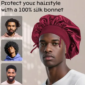 Men's 100% silk bonnet for hair protection in burgundy with elastic wide band and drawstring