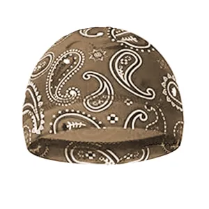 Close-up of vintage brown paisley skull cap featuring high-elasticity cotton blend fabric