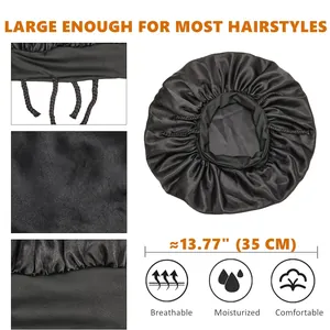 Black satin sleep bonnet for hair protection with wide stretch band and tie straps