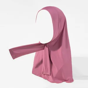 Elastic dusty pink hijab headscarf with metal snap buttons on a white mannequin
