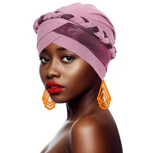 Women's pleated turban hat featuring a cross-braided design in pink and burgundy shimmer