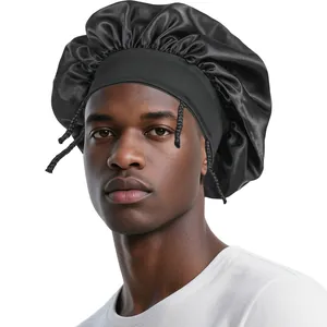 Elastic wide-band black satin sleep bonnet for hair protection and dreadlocks styling