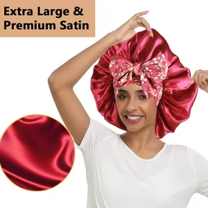Extra large satin sleep bonnet with floral bow detail in deep red premium fabric