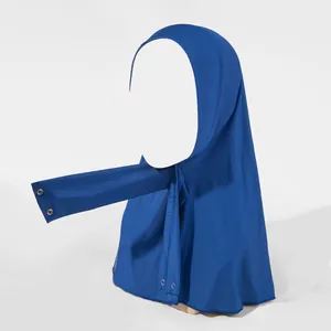 Navy blue elastic turban hijab with metal snap buttons for adjustable styling and fit