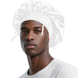 Detail of white satin hair bonnet showing glossy texture and elastic wide band