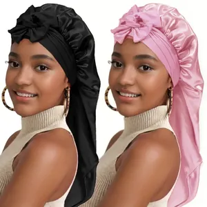 Women Extra Long Satin Sleep Bonnet With Bow Elastic Wide Band Hair Wrap For Long Curly Hair Dreadlocks Night Sleeping Cap