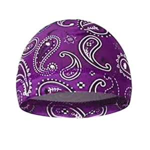 Close-up of purple paisley patterned beanie cap with detailed white and black street style