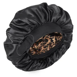 Verstellbare doppellagige Satin-Schlafmütze mit Leopardenmuster-Futter und Gummiband